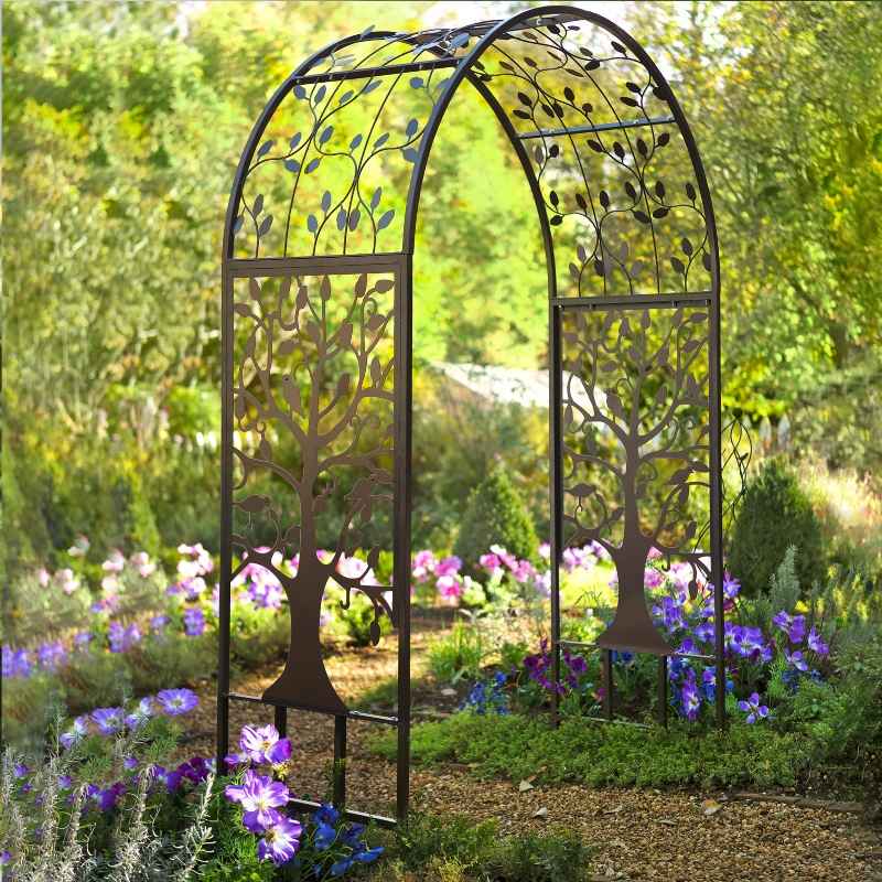 Metal Arched Garden Arbor with Tree of Life Design