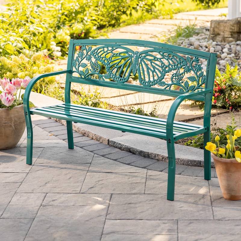 Teal Iron Butterfly Garden Bench