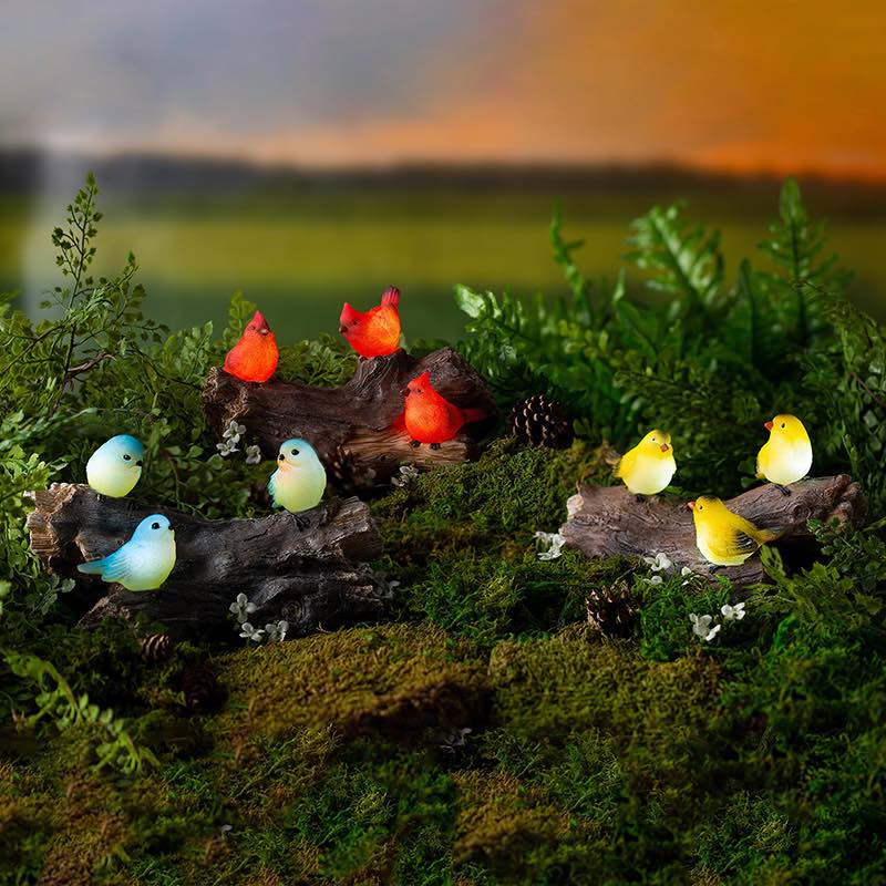 Solar-Lighted Three Bluebirds on a Log Outdoor Sculpture