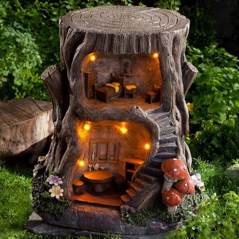 Two-Story Fully-Furnished Solar Lighted Fairy House in a Stump