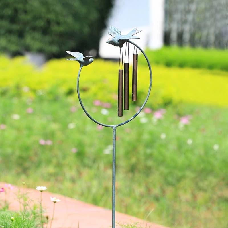 Cast Iron and Aluminum Two Birds Wind Chime Stake with Bronze-Colored and Verdigris Finishes