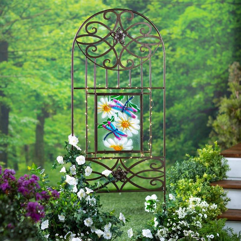 Four Seasons Metal Trellis with Four Painted Glass Inserts and Solar-Powered String Lights