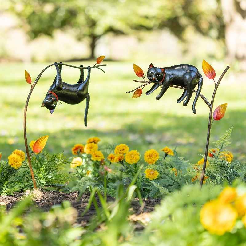 Handcrafted Hanging Black Cat and Fall Leaves Garden Stake