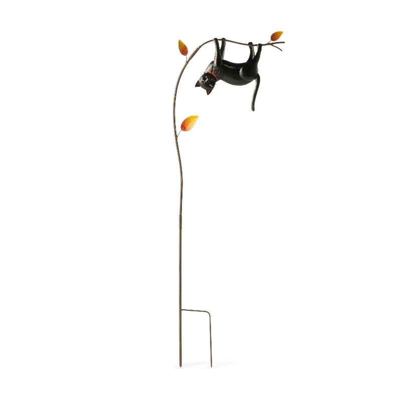 Handcrafted Hanging Black Cat and Fall Leaves Garden Stake