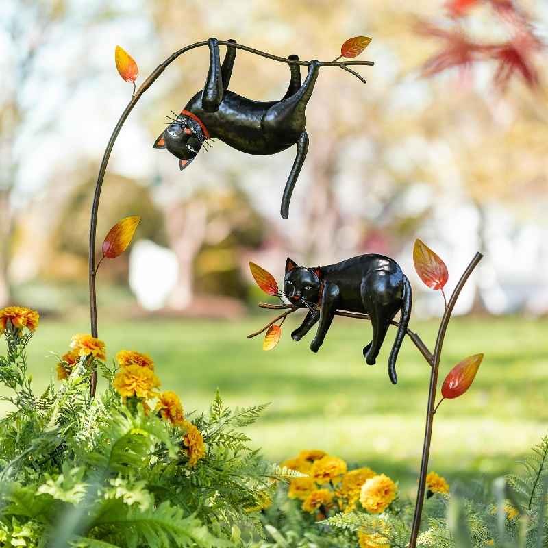Handcrafted Resting Black Cat and Fall Leaves Garden Stake