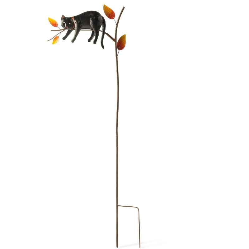 Handcrafted Resting Black Cat and Fall Leaves Garden Stake