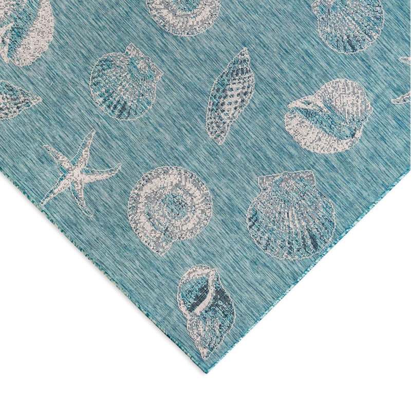 Indoor/Outdoor Large Aqua Shells Rug, 5'W x 8'L
