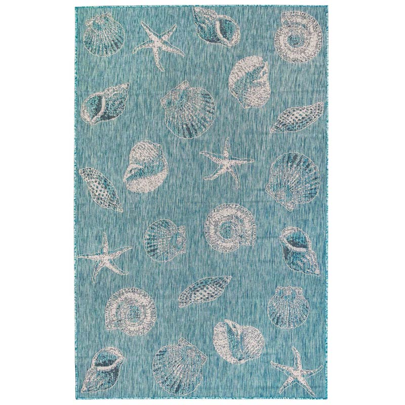 Indoor/Outdoor Large Aqua Shells Rug, 5'W x 8'L