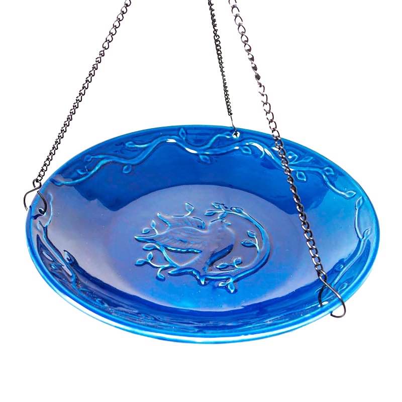 Hanging Blue Glass Birdbath with Bluebird Design and Hanging Chain Included