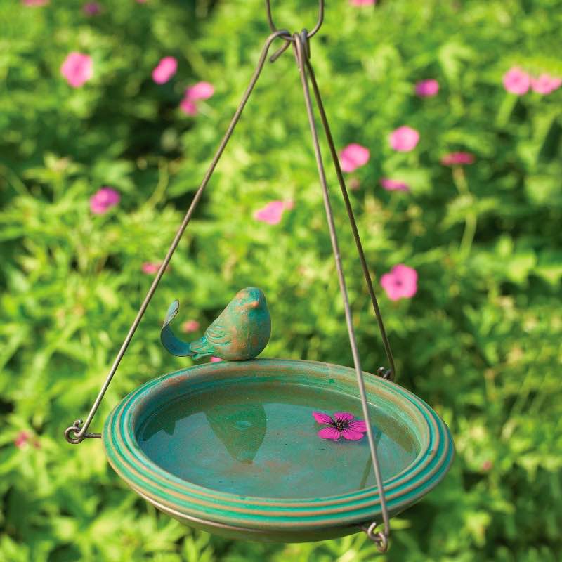 Teal Hanging Birdbath with Bird on Ledge