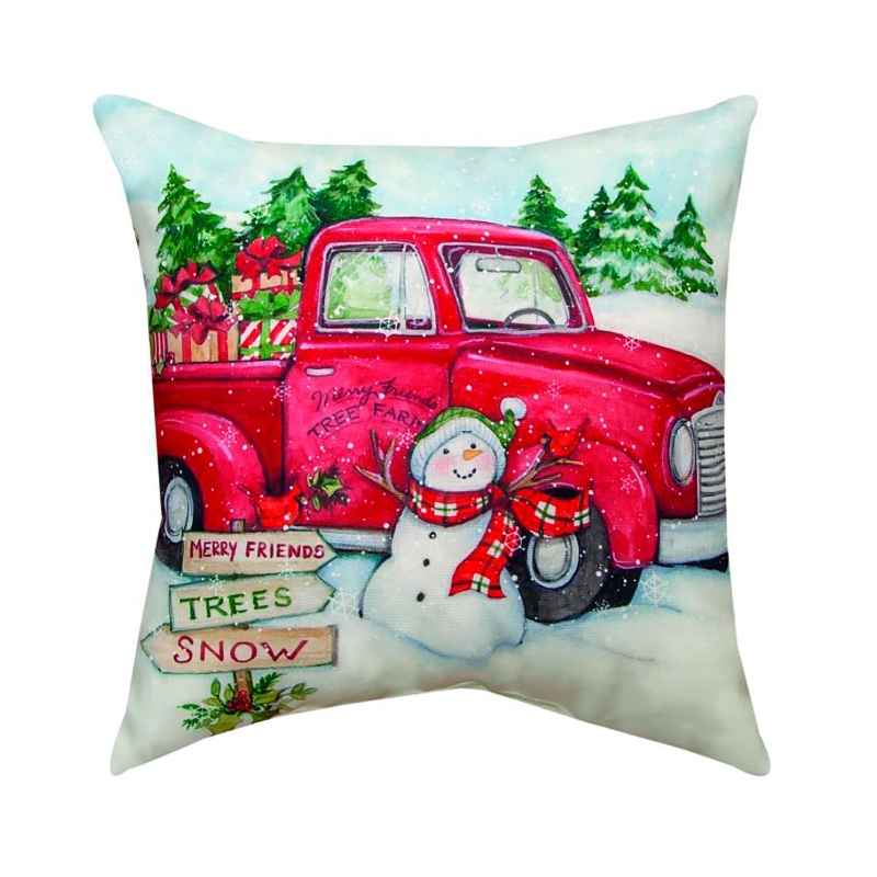 Red Truck and Snowman Holiday Throw Pillow, 18