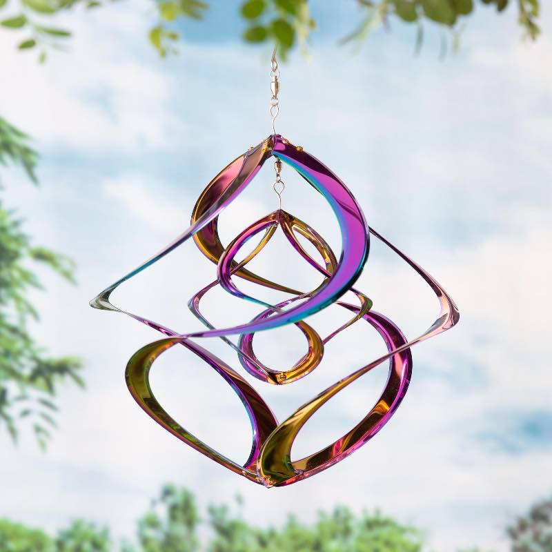 Vibrant Multi-Colored Iridescent Dual Spiral Hanging Metal Wind Spinner