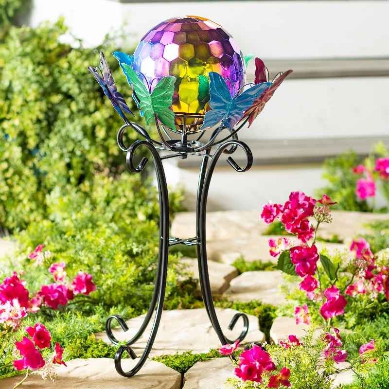 Faceted Gazing Ball with Spinning Butterfly Stand Set