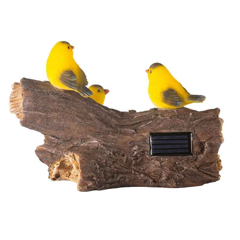 Solar-Lighted Yellow Finches on a Log Garden Sculpture