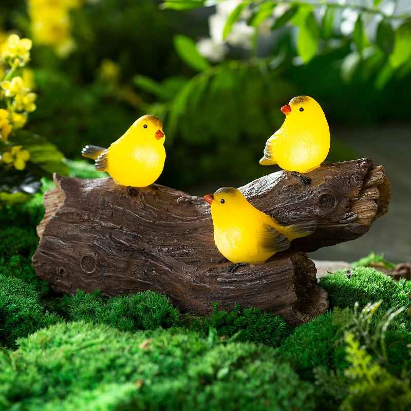 Solar-Lighted Yellow Finches on a Log Garden Sculpture