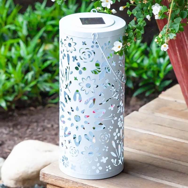 Punched Metal Bloom Solar Lantern with Handle (white)