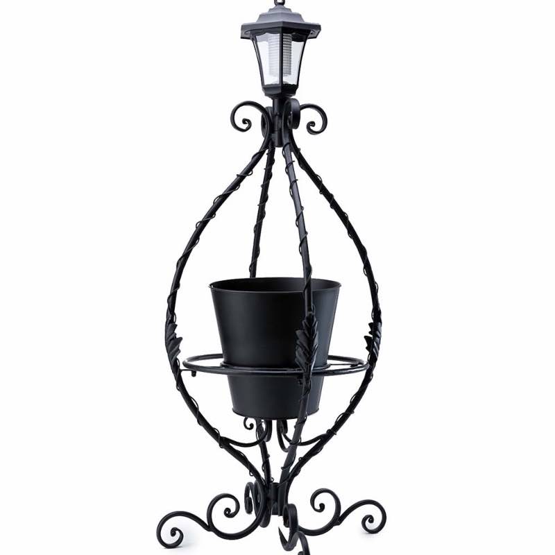 Black Wrought Iron Plant Stand with Solar Light