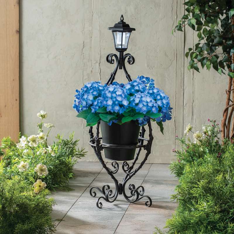 Black Wrought Iron Plant Stand with Solar Light