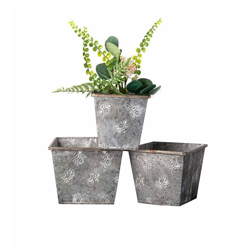 Metal Bucket Planters with Bees, Set of 3