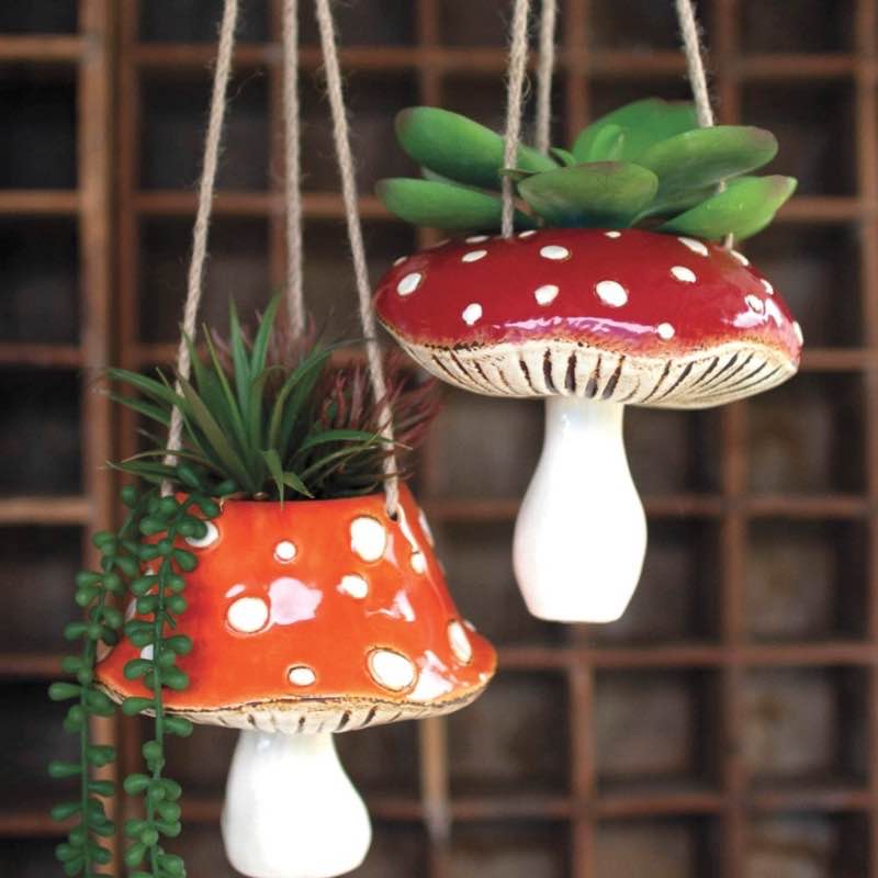 Ceramic Toadstool Hanging Planters, Set of 2