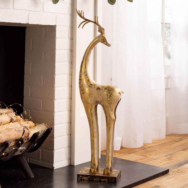 Gold and White Painted Iron Deer Statue With Neck Turned