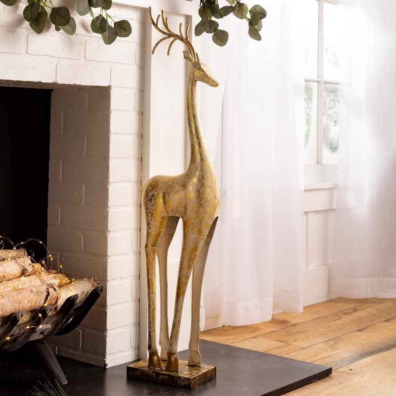 Gold and White Painted Iron Standing Tall Deer Statue