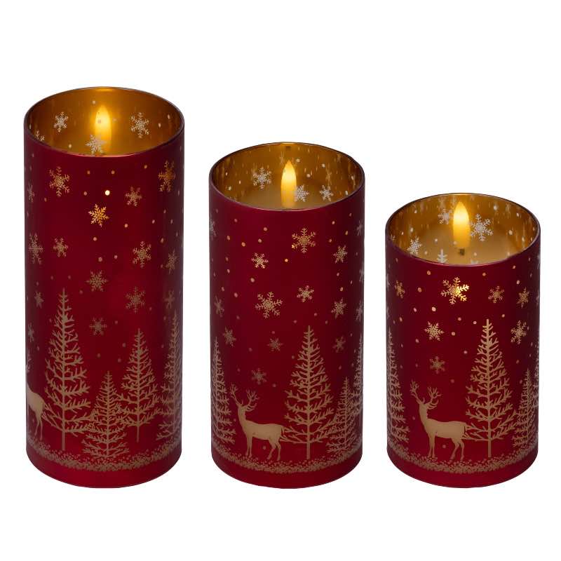 Set of 3 LED Glass Candles with Wood Scene & Realistic Wick