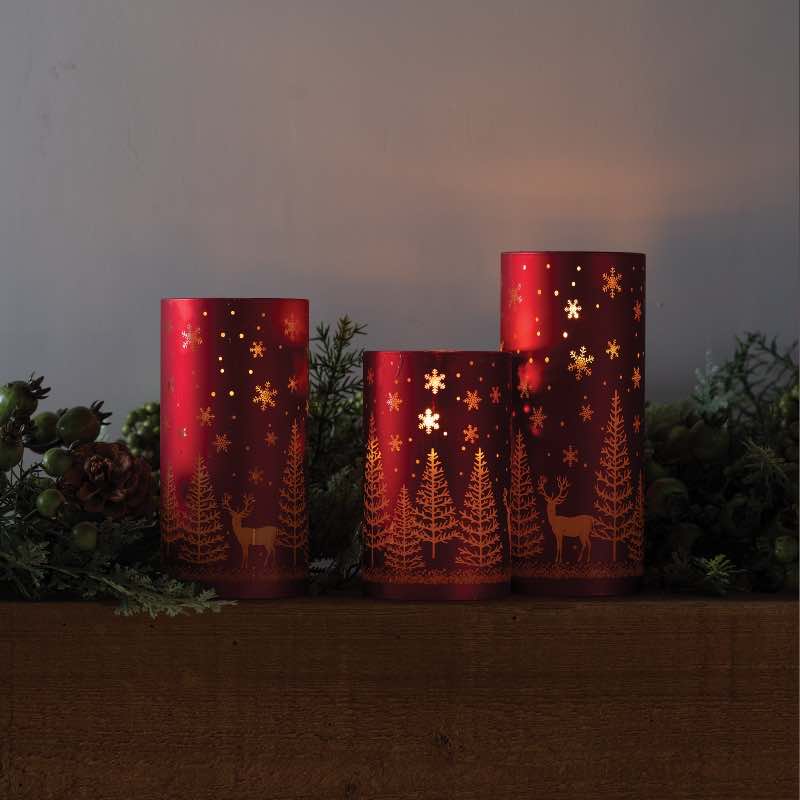 Set of 3 LED Glass Candles with Wood Scene & Realistic Wick