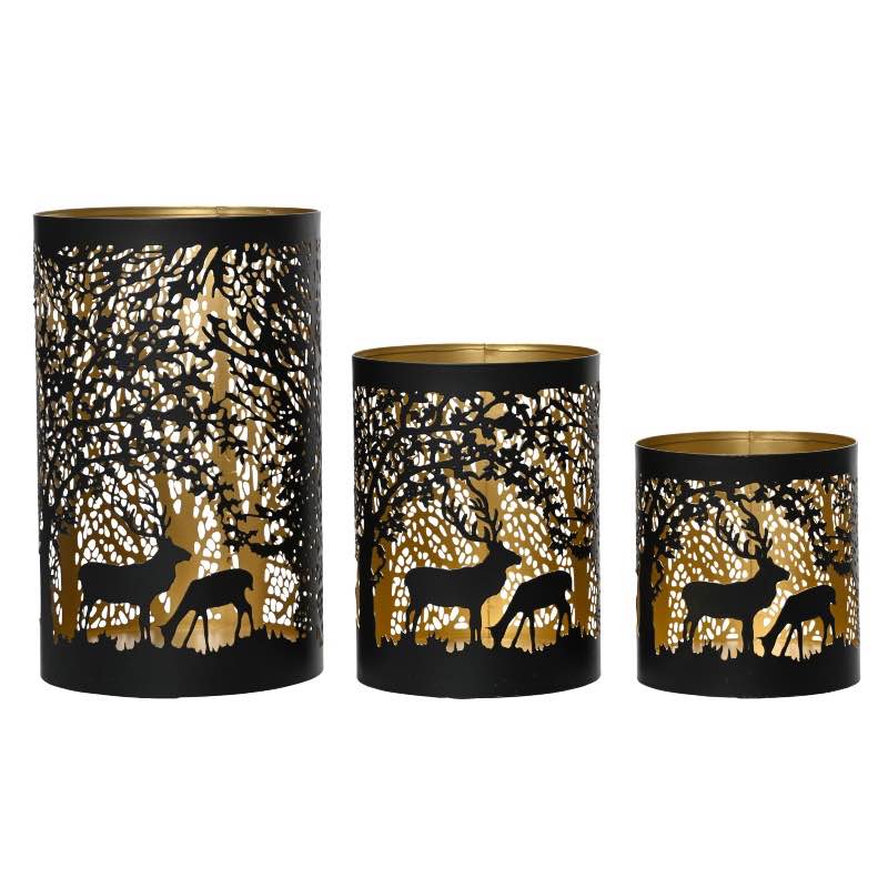 Laser Cut Metal Hurricane Lanterns with Woodland Scene, set of 3