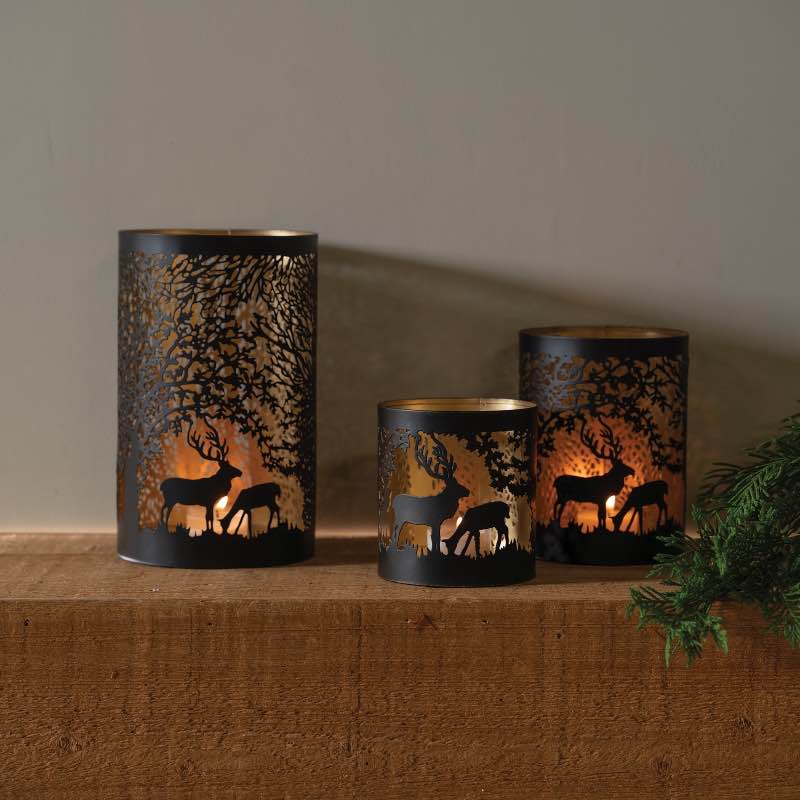 Laser Cut Metal Hurricane Lanterns with Woodland Scene, set of 3