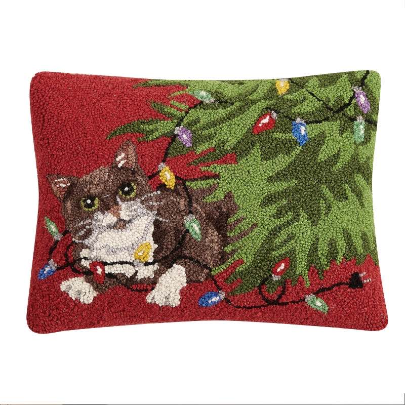 Christmas Tree Cat Hooked Pillow