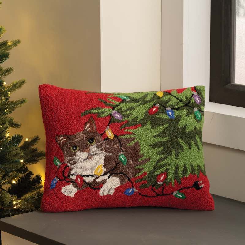 Christmas Tree Cat Hooked Pillow