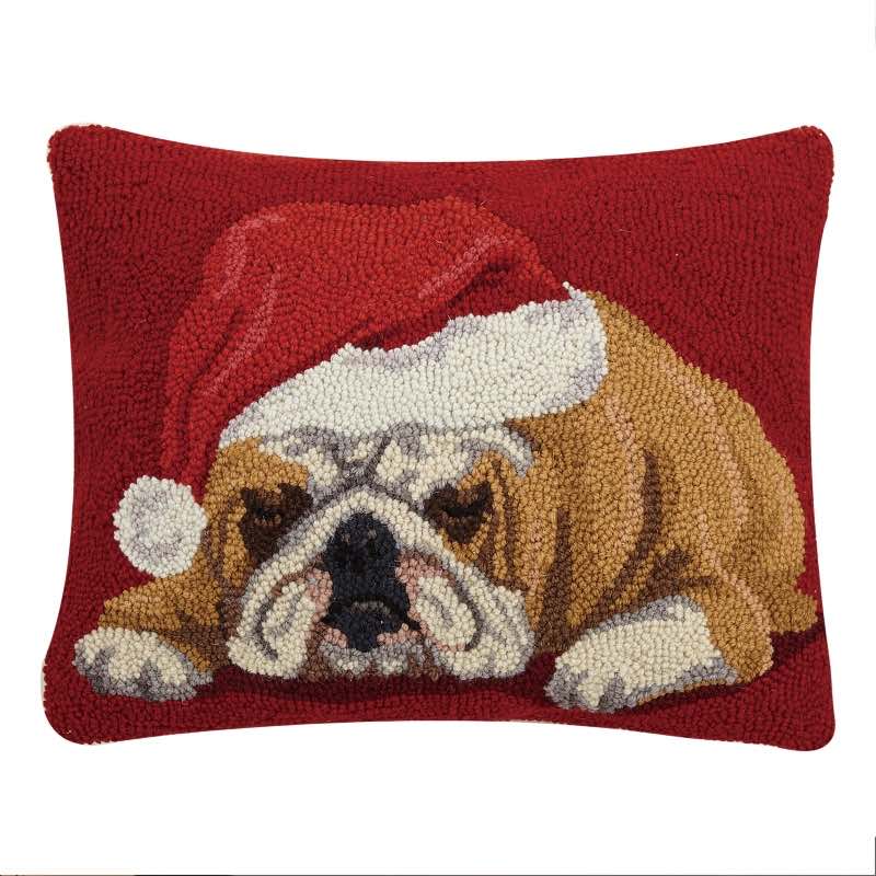 Bulldog with Santa Hat Hooked Wool Pillow