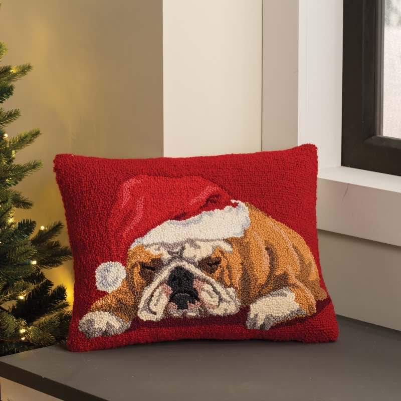 Bulldog with Santa Hat Hooked Wool Pillow