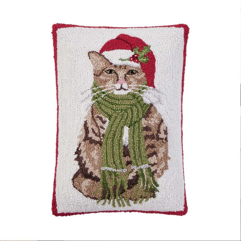 Cat with Green Scarf Hooked Pillow