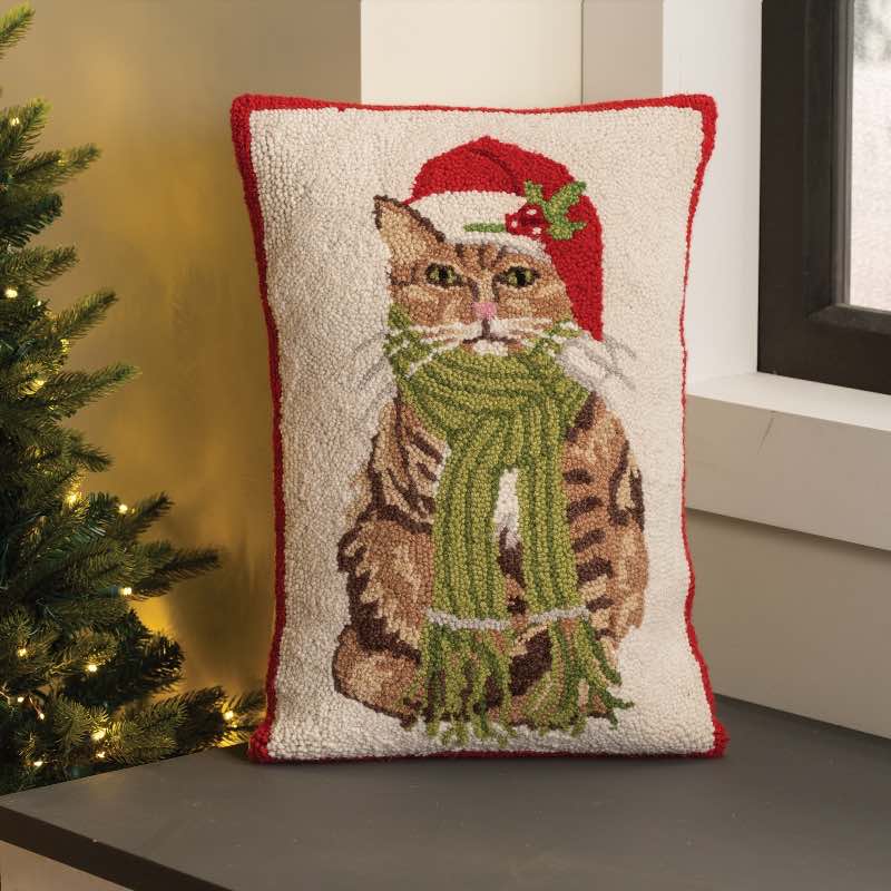 Cat with Green Scarf Hooked Pillow