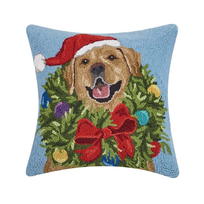Golden Lab Santa Hooked Wool Pillow, 18