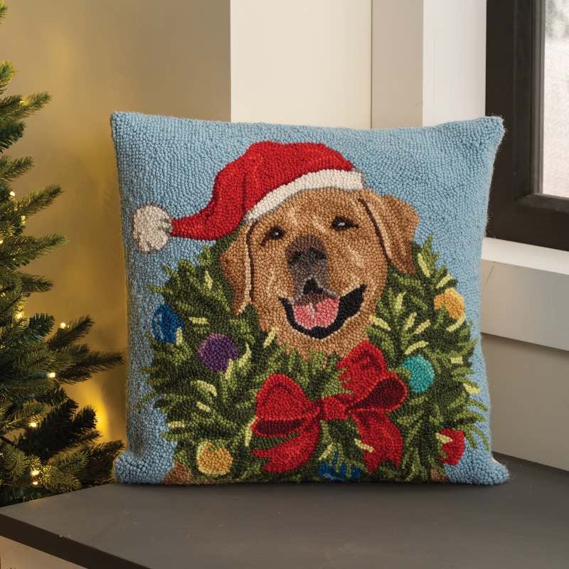 Golden Lab Santa Hooked Wool Pillow, 18
