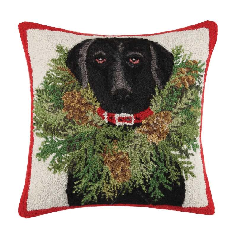 Black Lab with Wreath Hooked Wool Pillow, 18