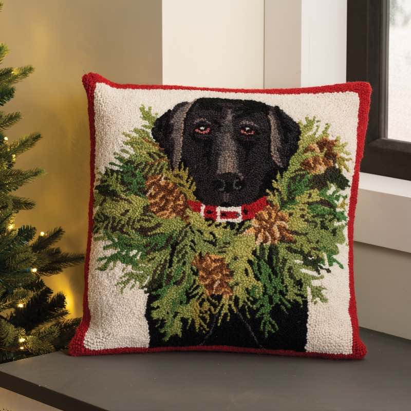 Black Lab with Wreath Hooked Wool Pillow, 18