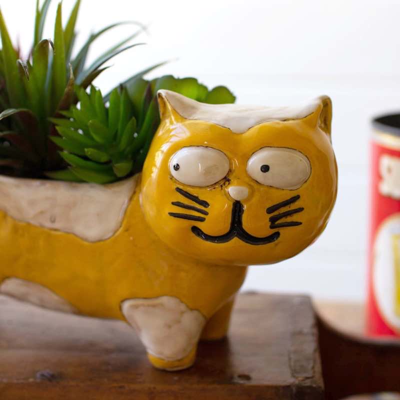 Ceramic Yellow and White Cat Planter
