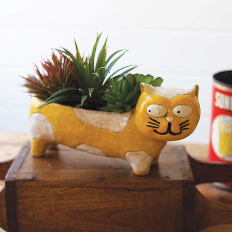 Ceramic Yellow and White Cat Planter