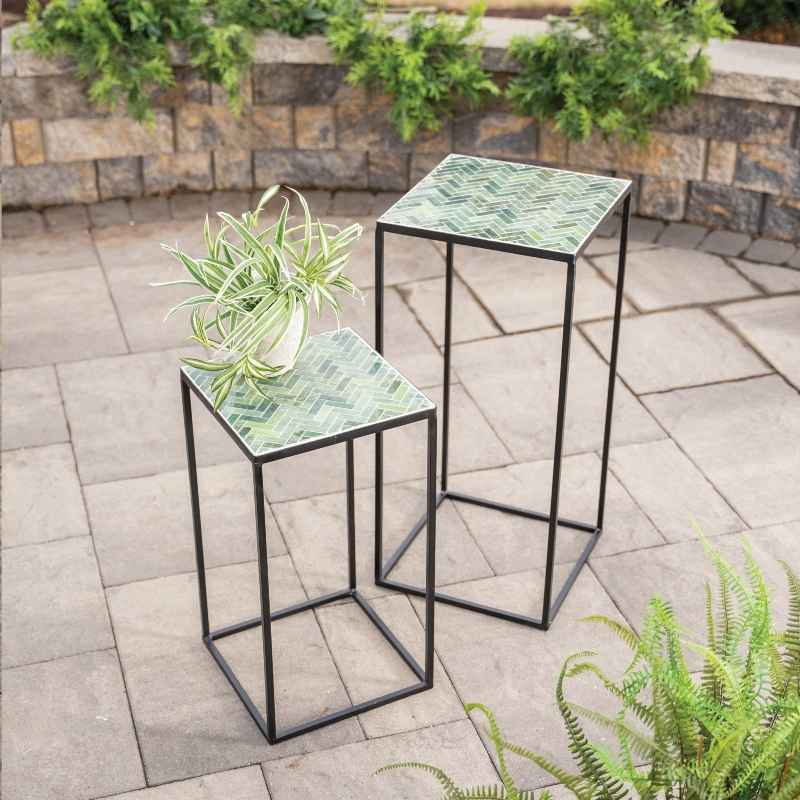 Set of 2 Herringbone Stone Mosaic Accent Stands