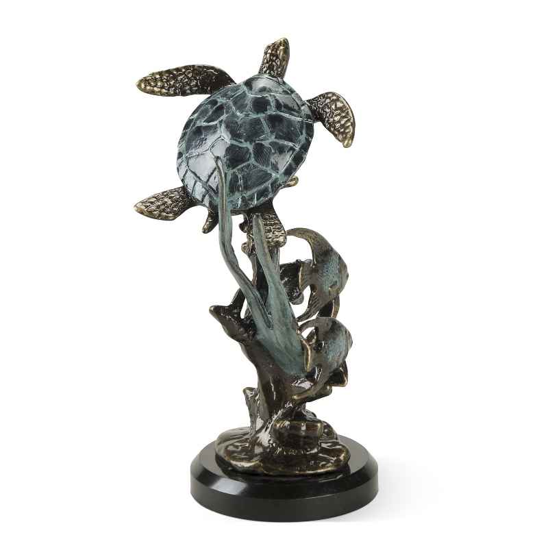 Aluminum and Marble Sea Turtle with Fish Sculpture