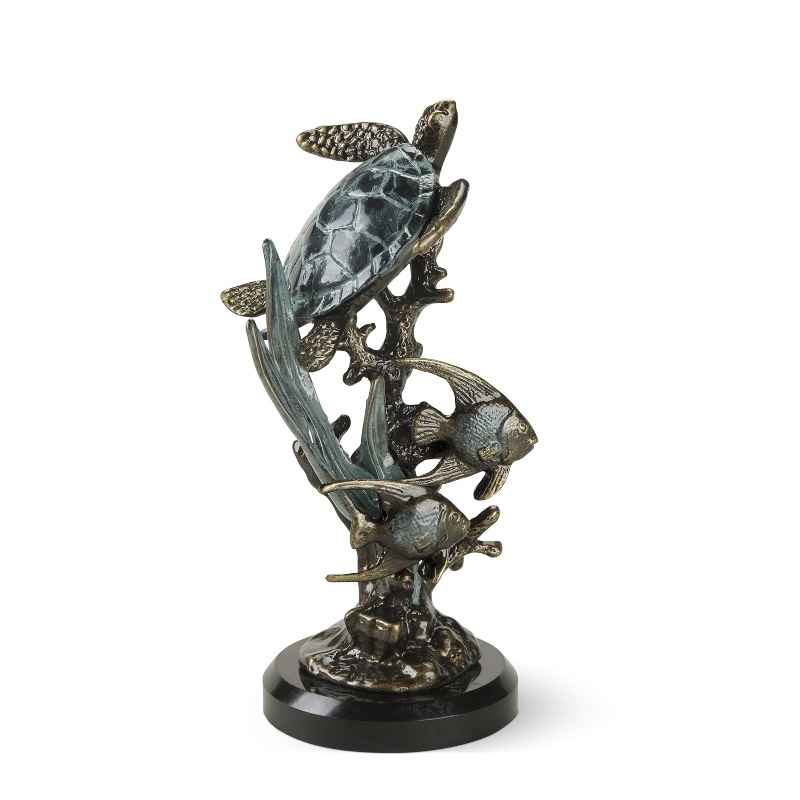 Aluminum and Marble Sea Turtle with Fish Sculpture