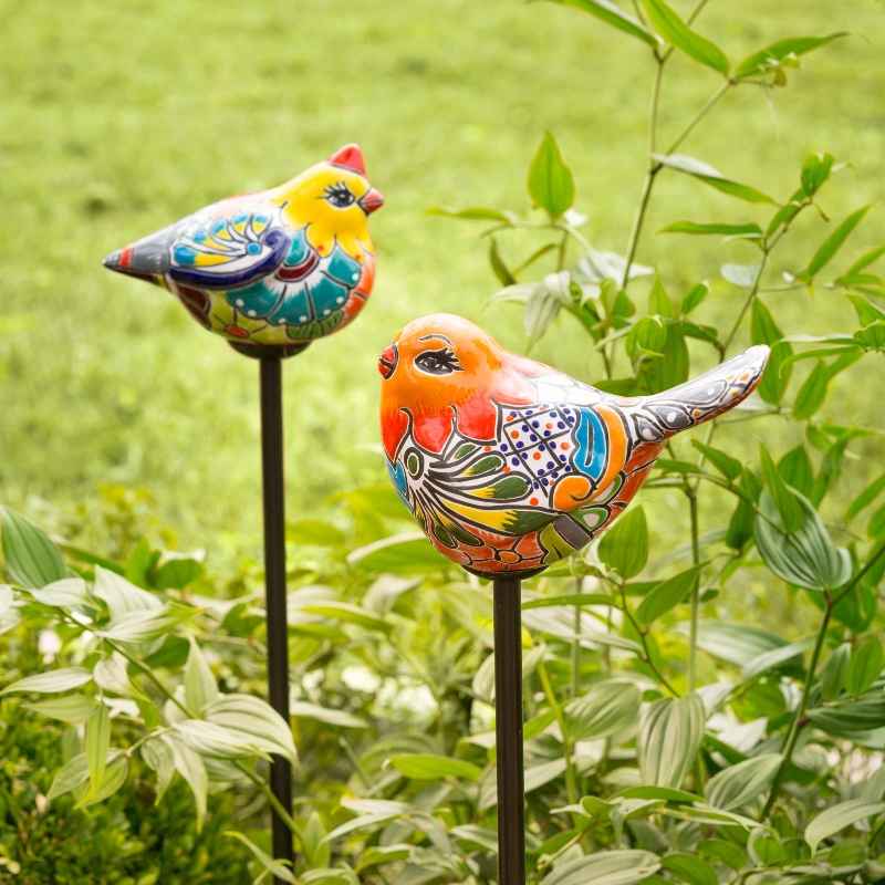 Handcrafted Talavera-Style Ceramic Bird Decorative Garden Stake - Orange