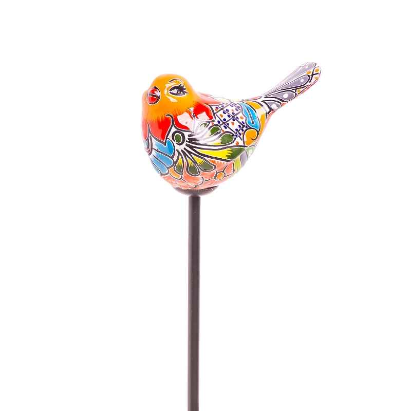 Handcrafted Talavera-Style Ceramic Bird Decorative Garden Stake - Orange