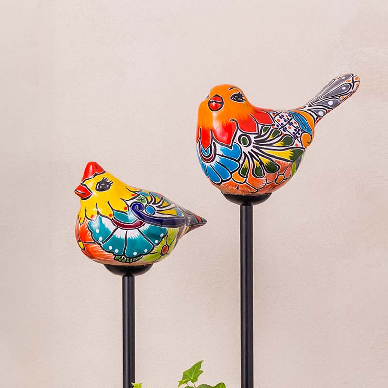 Handcrafted Talavera-Style Ceramic Bird Decorative Garden Stake - Yellow