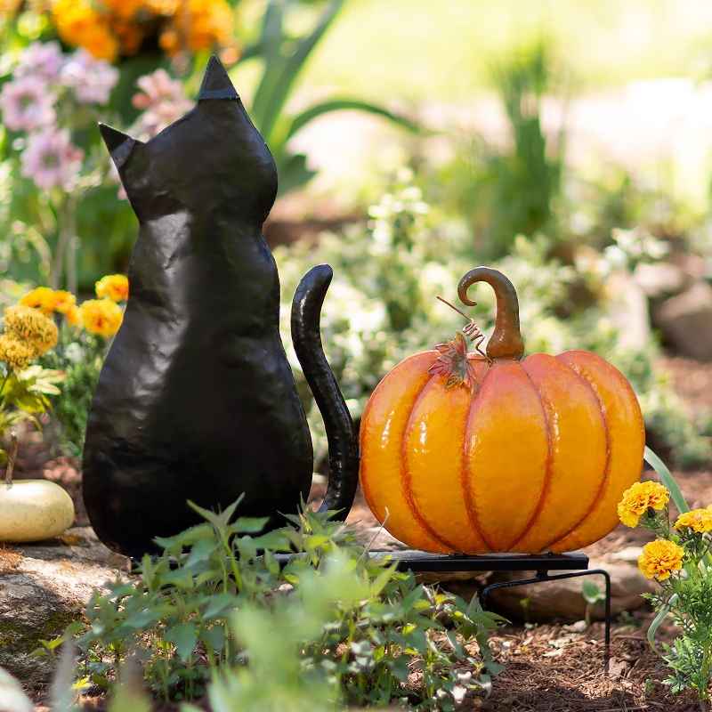 Metal Black Cat Silhouette and Pumpkin Garden Stake