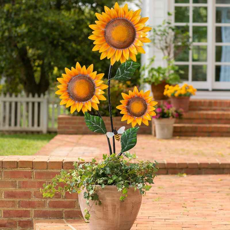 Handcrafted Metal Three Sunflower Garden Stake with Visiting Bee